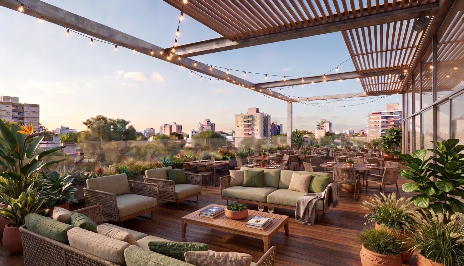 O rooftop, com vista para o mar