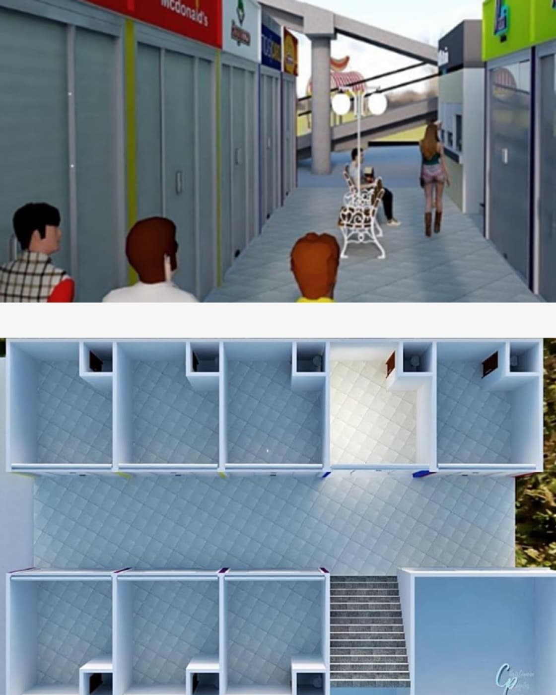 O projeto 3D do mezanino: galeria de lojas e implantação