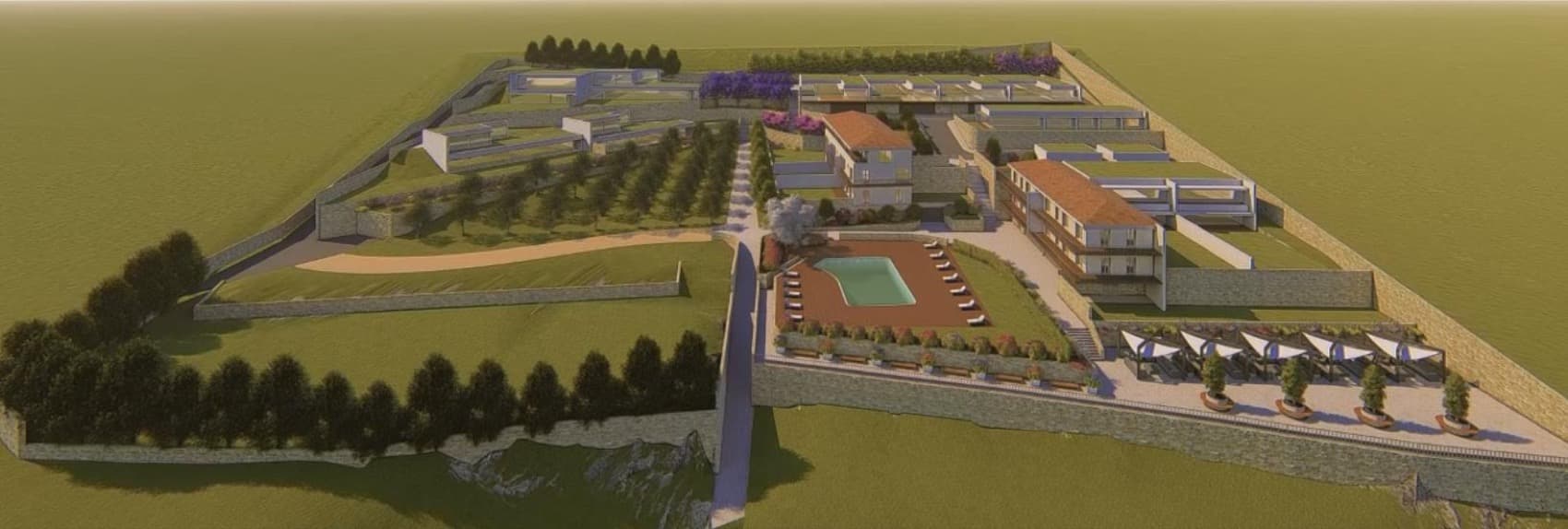 Vista aérea da vila, com a piscina e os jardins