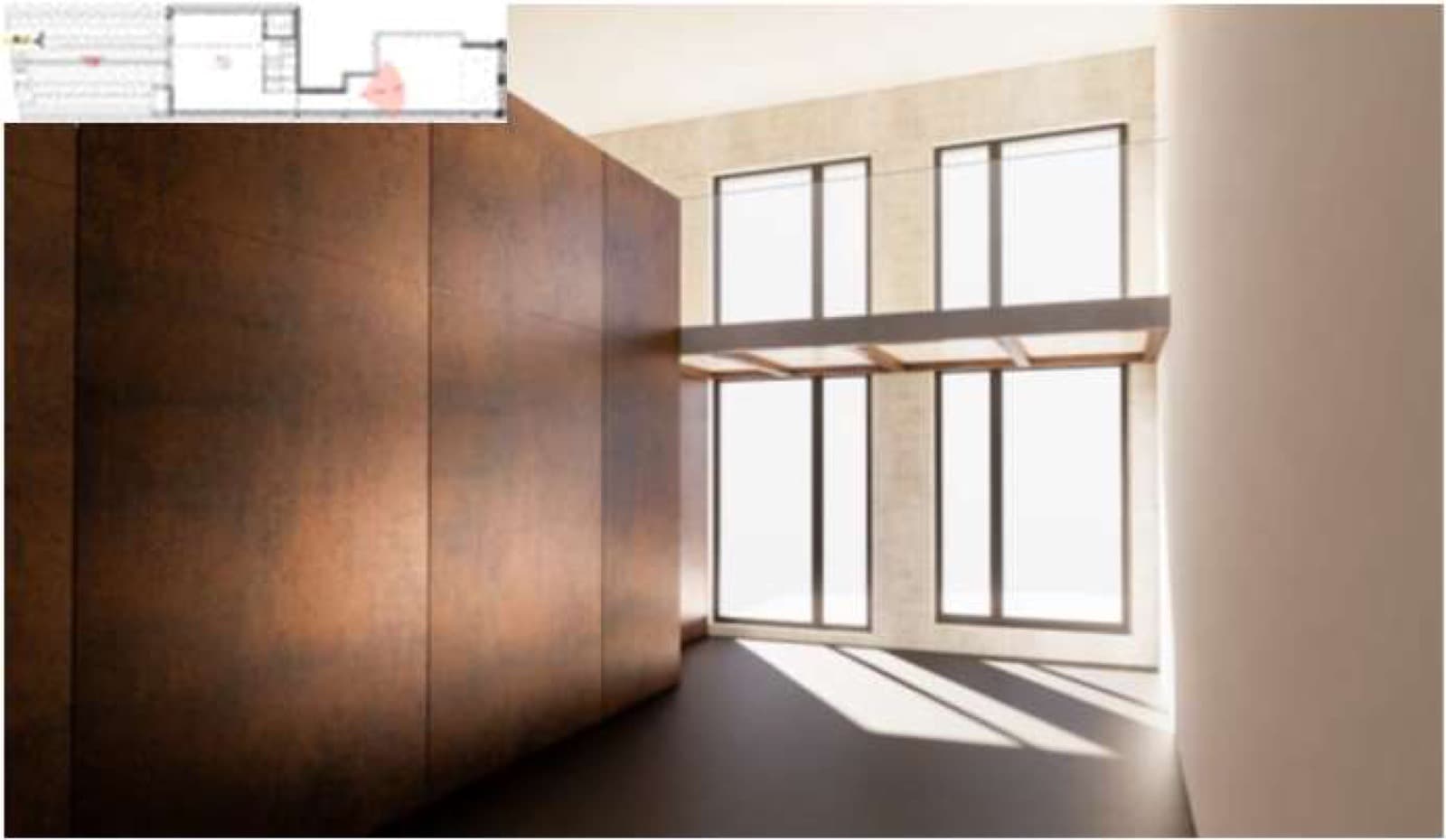 A área comercial, com aço corten e pé-direito generoso