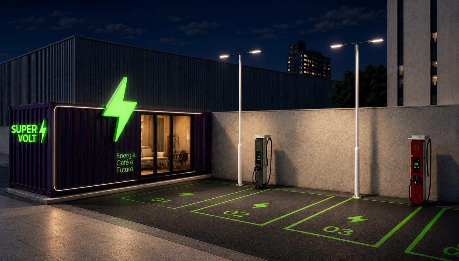 O contêiner SuperVolt iluminado à noite